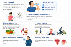 Infographic showing urological health tips including staying hydrated, preventing UTIs, balanced diet, regular exercise, cold weather care, and prostate health management with simple illustrations.