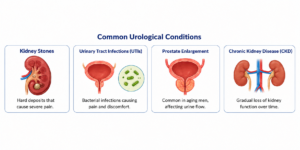Infographic of common urological conditions including kidney stones, urinary tract infections (UTIs), prostate enlargement, and chronic kidney disease with simple medical illustrations and short descriptions.