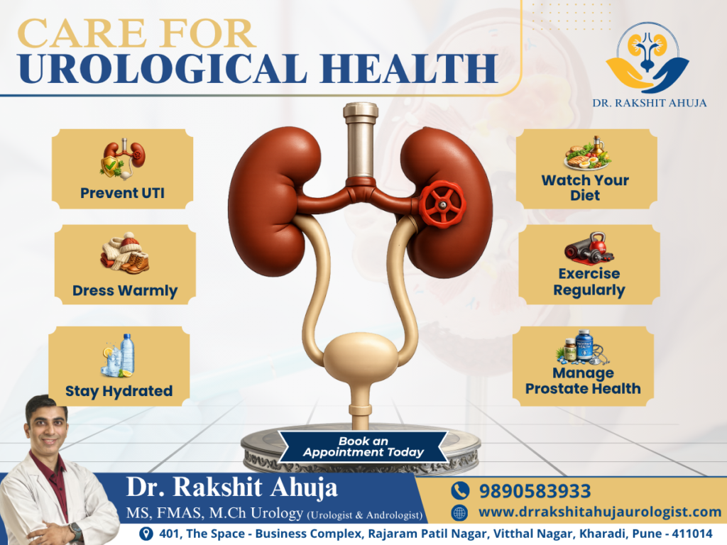 Illustration of kidneys and urinary system with urological health tips including hydration, UTI prevention, diet, exercise, and prostate care by Dr. Rakshit Ahuja, Urologist in Pune.